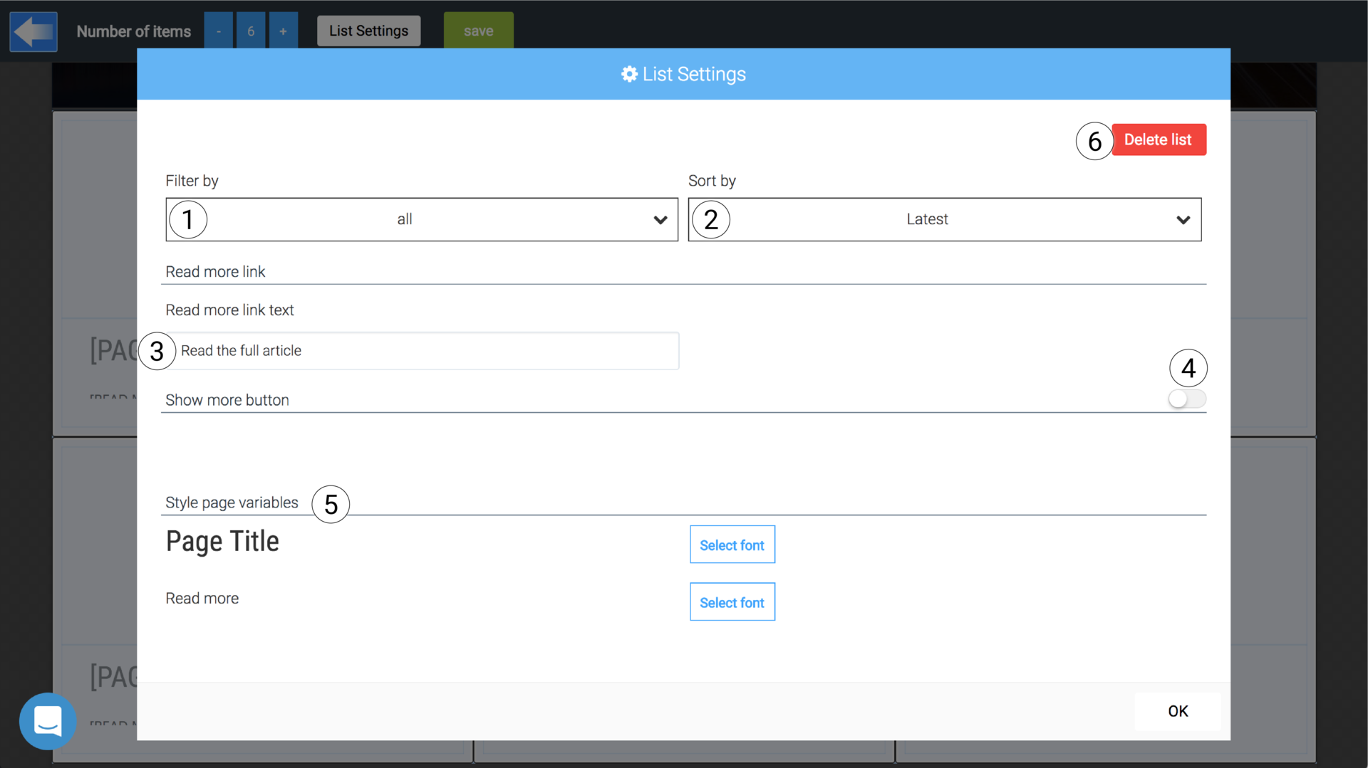 LiquidBlox editor - page list settings