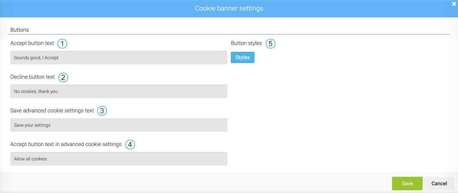 LiquidBlox cookie banner - button settings