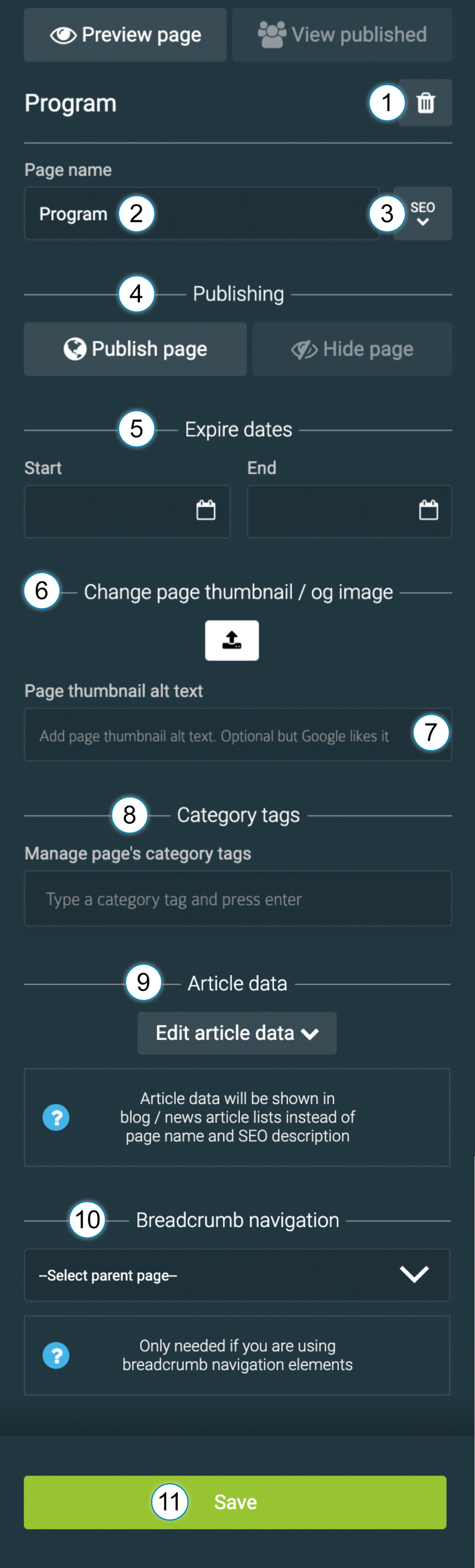 LiquidBlox page manager - page settings