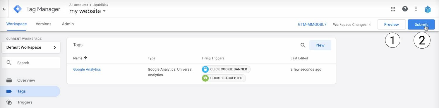 esikatsele tai julkaise Google Tag Manager tagit