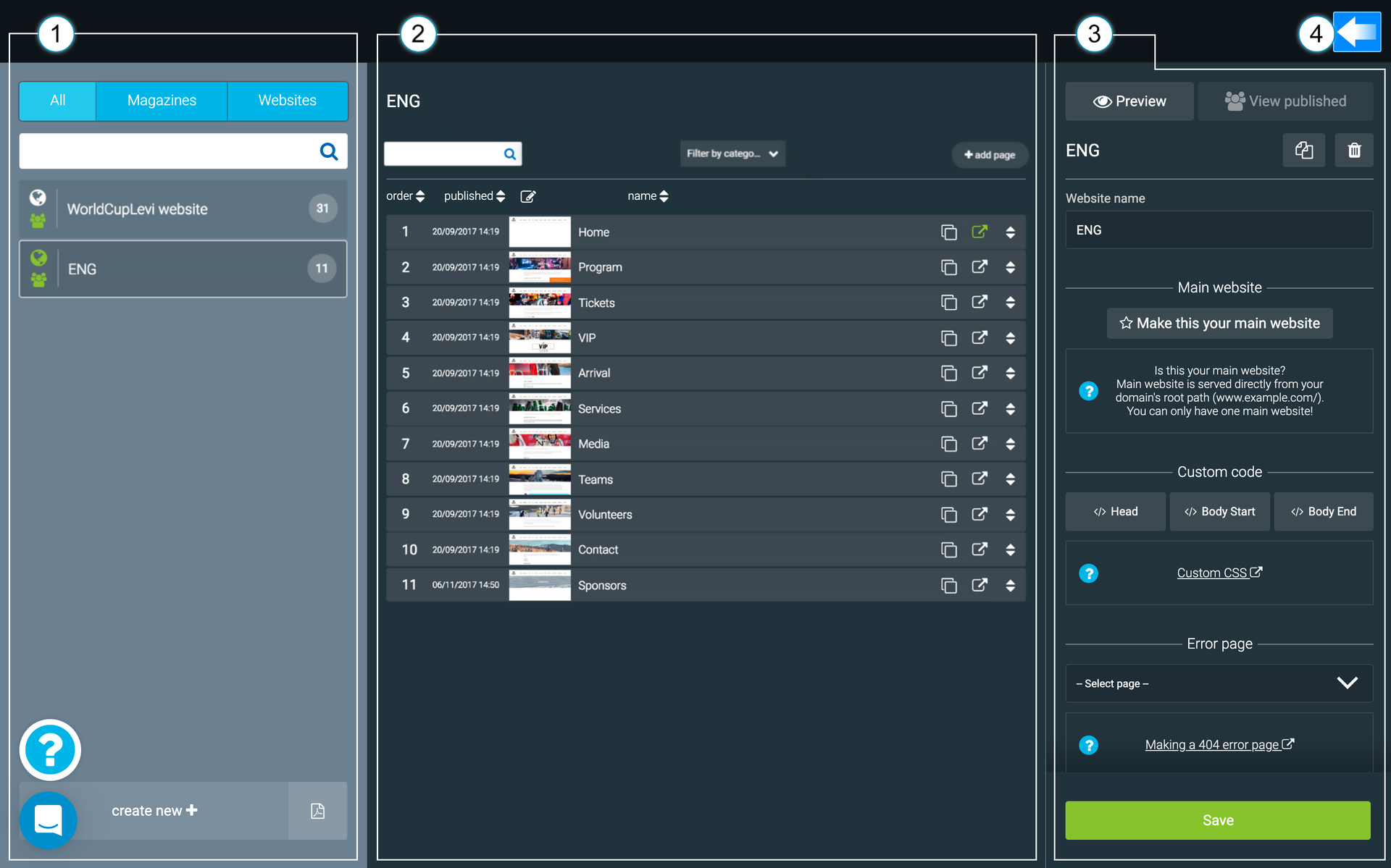 LiquidBlox Page Manager - list of pages