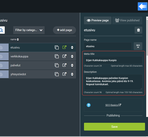 Käytä avainsanoja metatiedoissa.