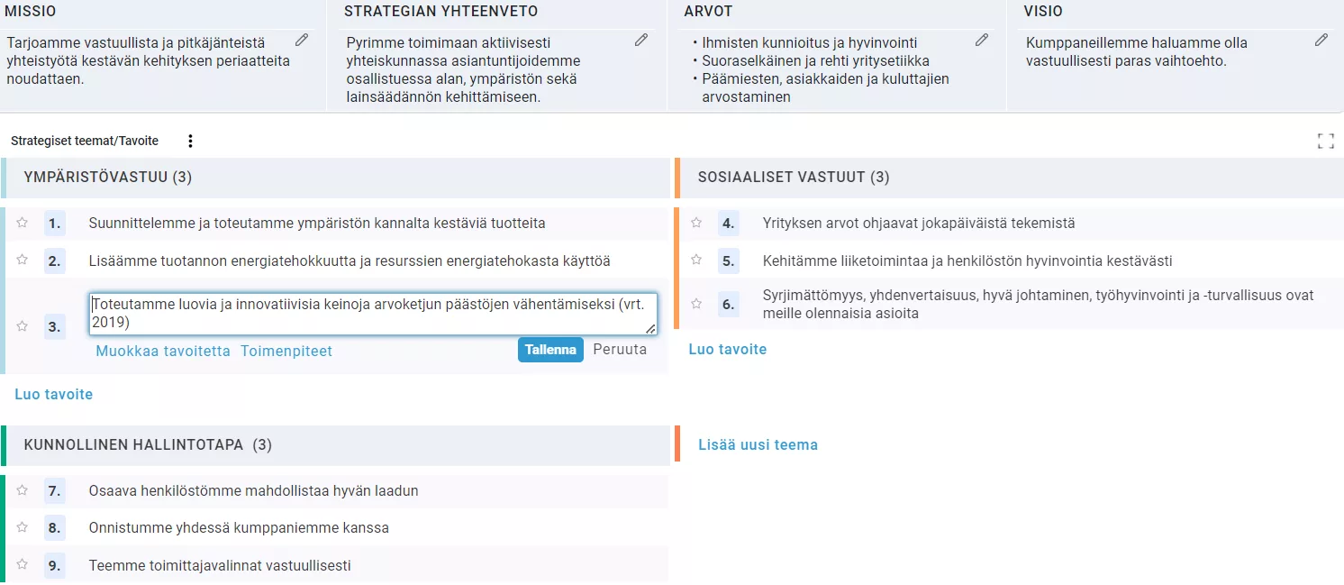 ESG vastuullisuusstrategian laadinta, vastuullisuusteemat ja ESG-tavoitteet