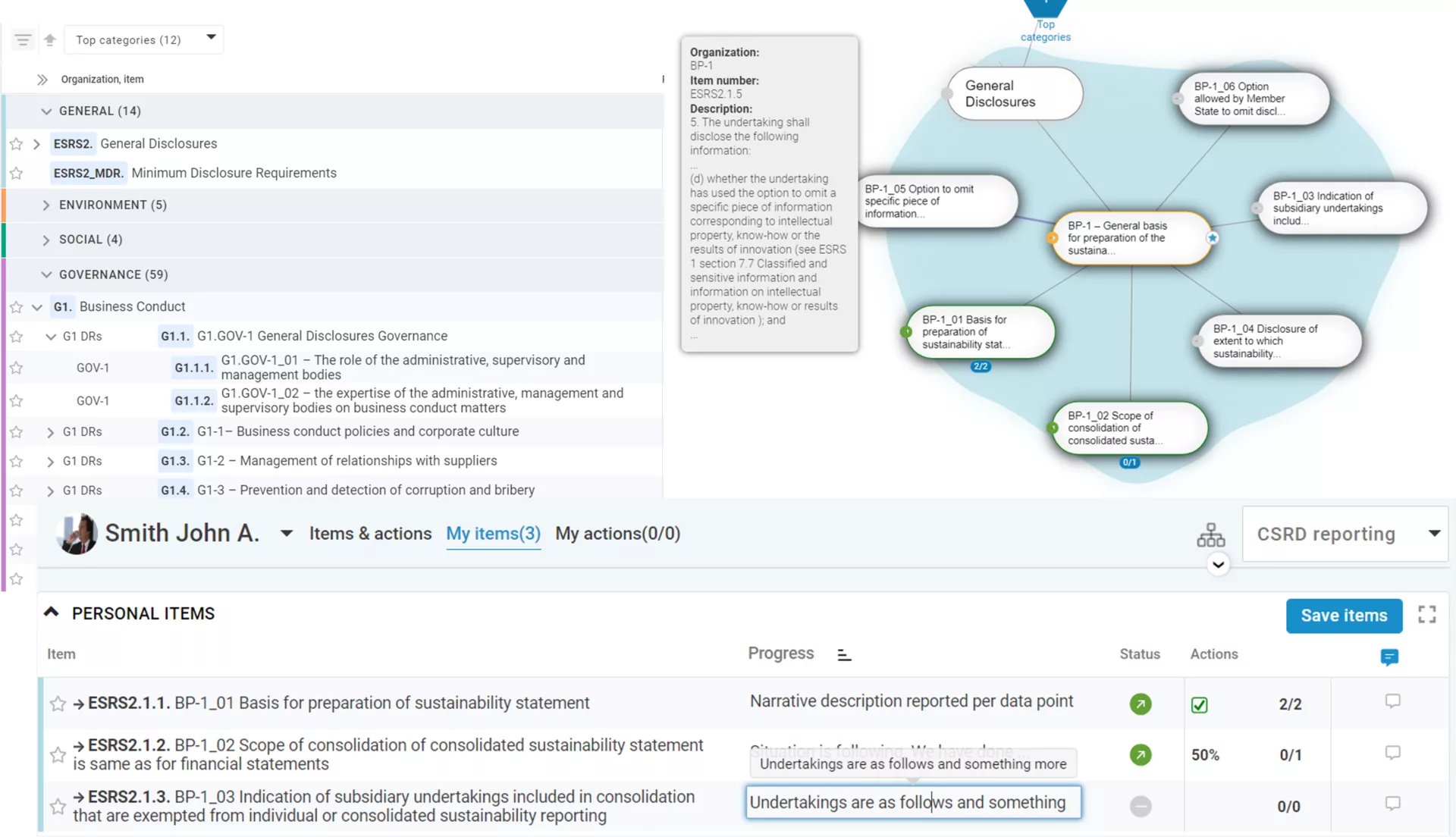 CSRD-raportoinnin standardin tietomalli porautuen ja henkilön raportointinäkymä