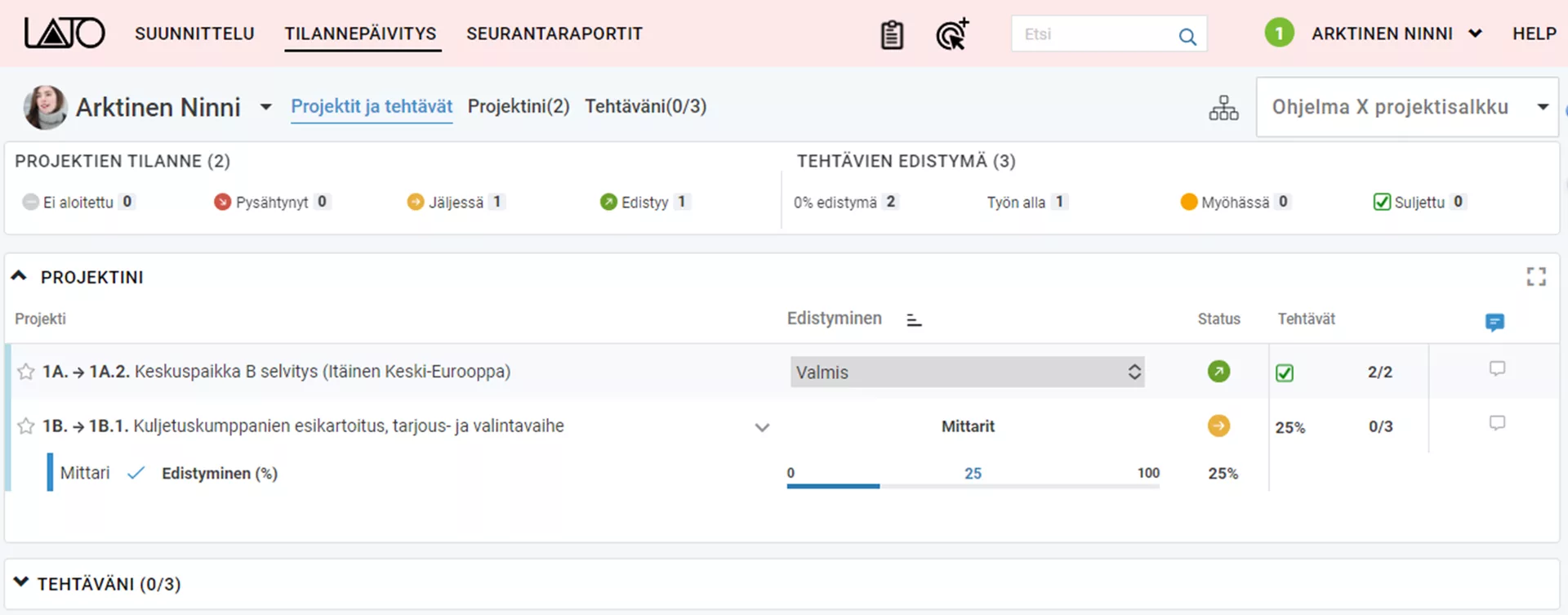 Projekti- ja tehtävävastuullisten tilannepäivitysnäkymä omiin projekteihin.  