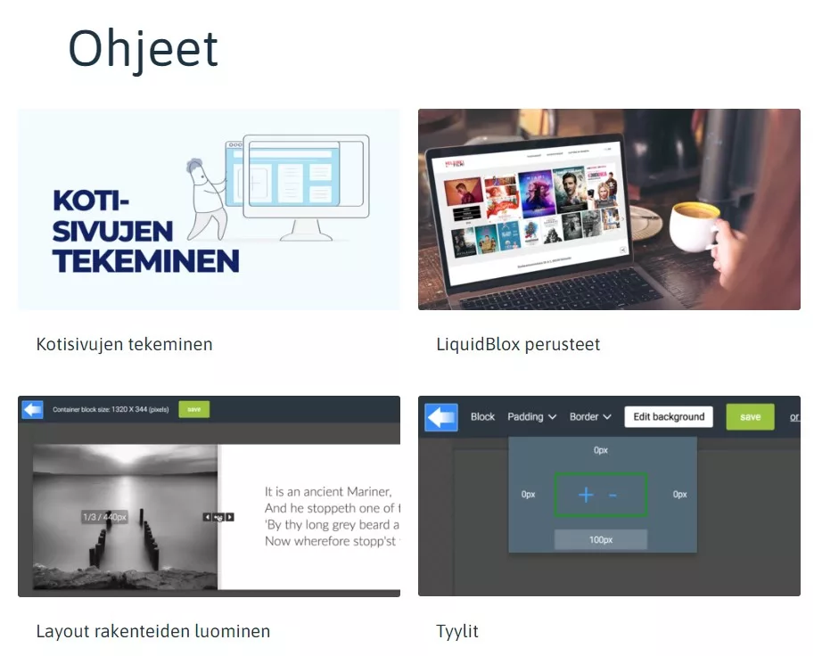 Kuvassa on poimintoja LiquidBloxin ohjepankista.