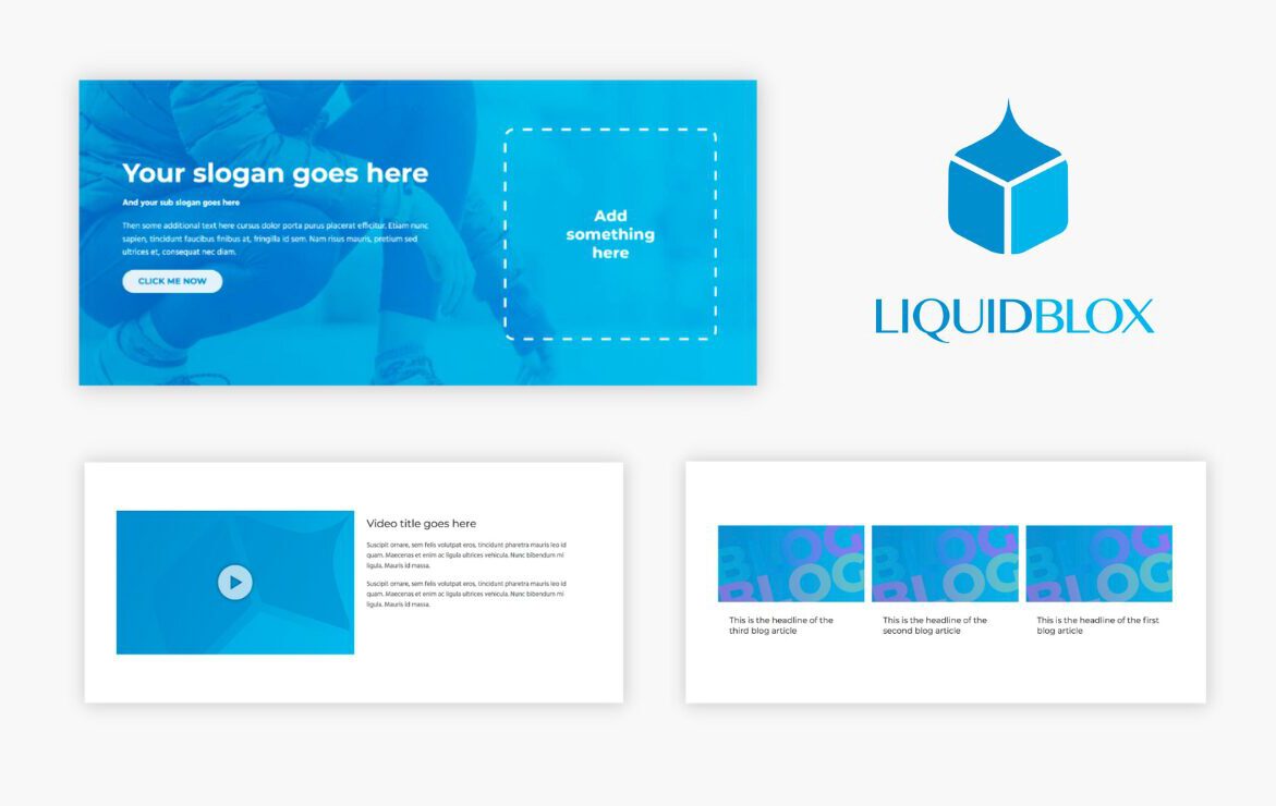 Kuvassa on LiquidBlox-kotisivutyökalun logo ja esimerkkejä kotisivujen asetteluista.