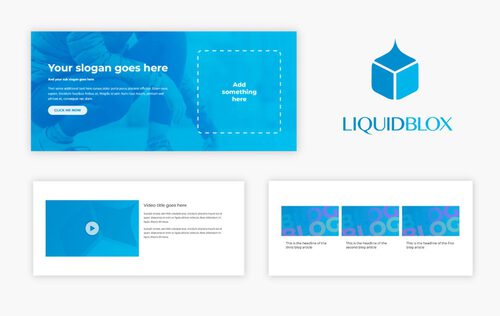 Kuvassa on LiquidBlox-kotisivutyökalun logo ja esimerkkejä kotisivujen asetteluista.