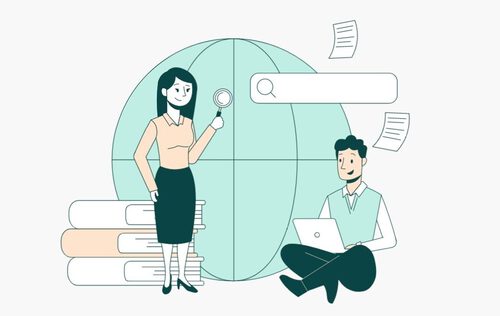 Kuvassa on mies ja nainen, jotka etsivät tietoa internetistä ja miettivät, tarvitseeko yrittäjä kotisivut.