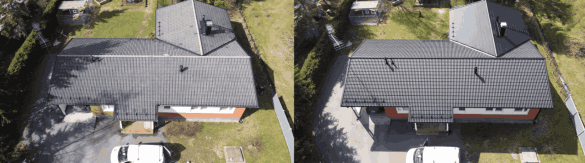 Ennen ja jälkeen kuva maalatusta tiilikatosta Espoossa