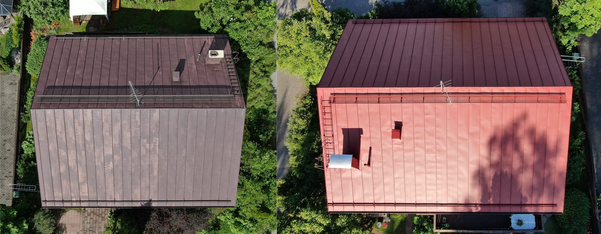 peltikatto ennen ja jälkeen maalauksen Riihimäellä.