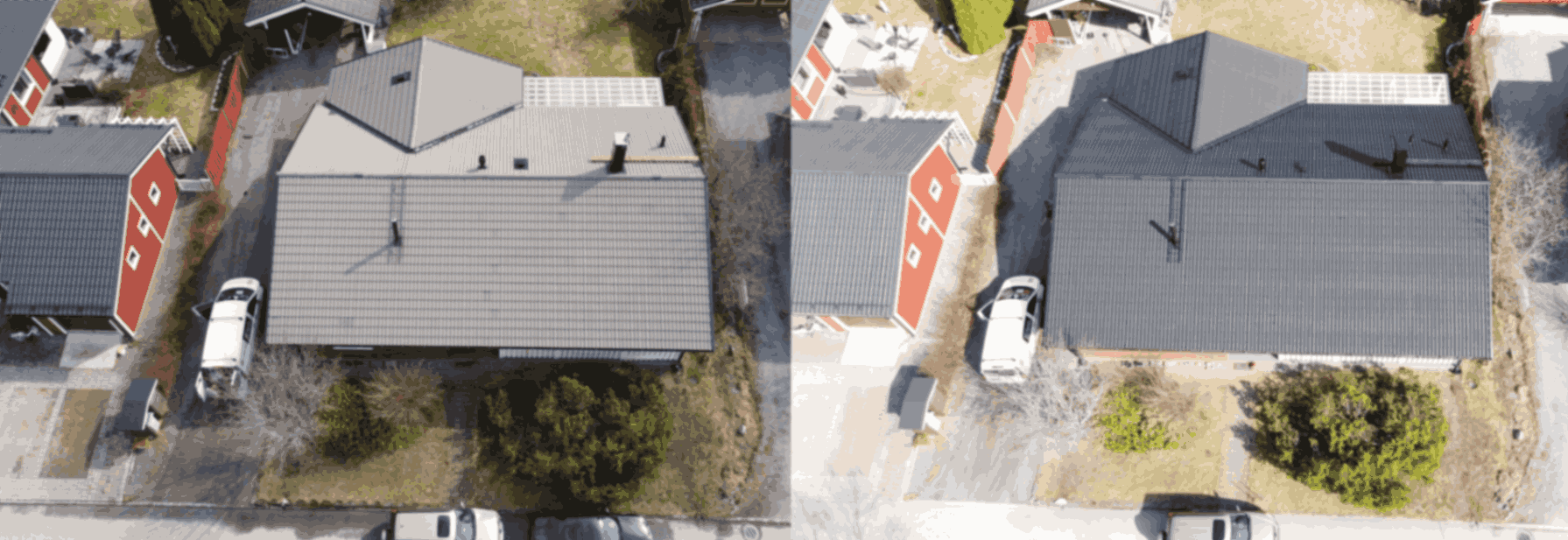 Ennen ja jälkeen kuva pestystä ja pinnoitetusta tiilikatosta Järvenpäässä