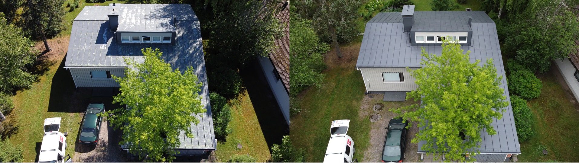 Maalattu peltikatto Riihimäellä ennen ja jälkeen kuva