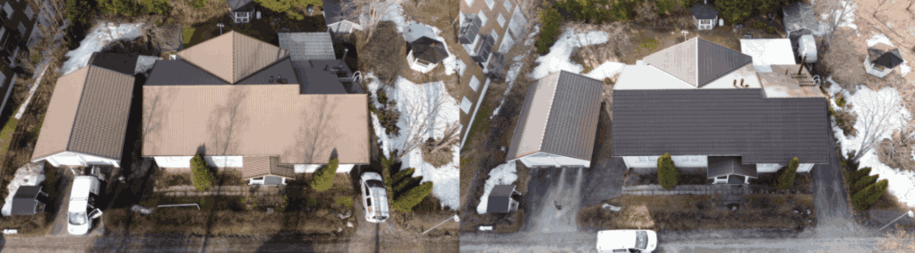 Ennen ja jälkeen kuva pestystä ja pinnoitetusta tiilikatosta Riihimäellä