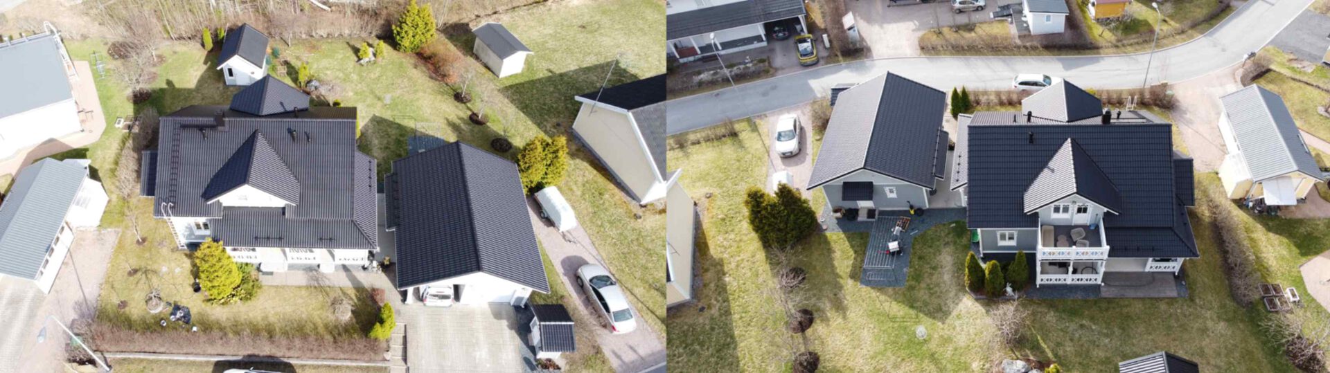 Ennen ja jälkeen kuva pestystä ja pinnoitetusta tiilikatosta Riihimäellä