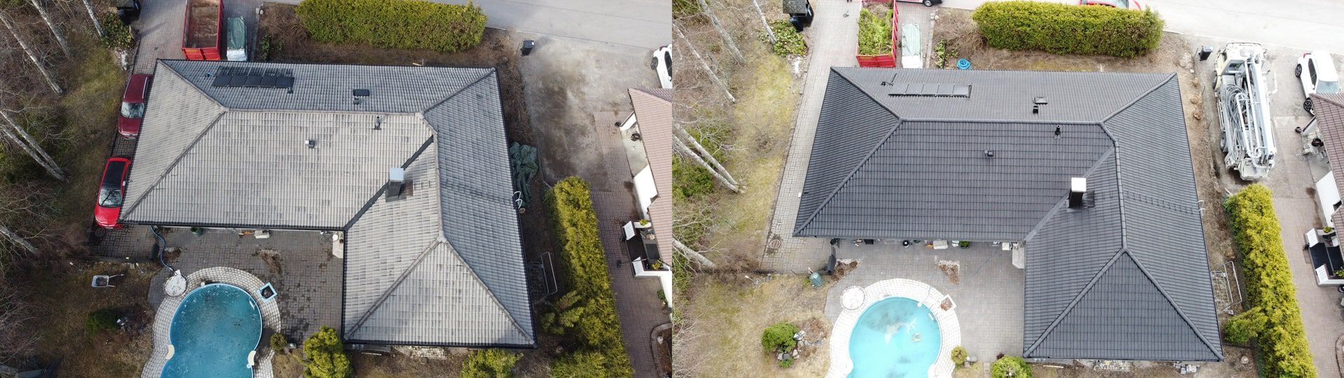 Ennen ja jälkeen kuva pestystä ja pinnoitetusta tiilikatosta Vantaalla