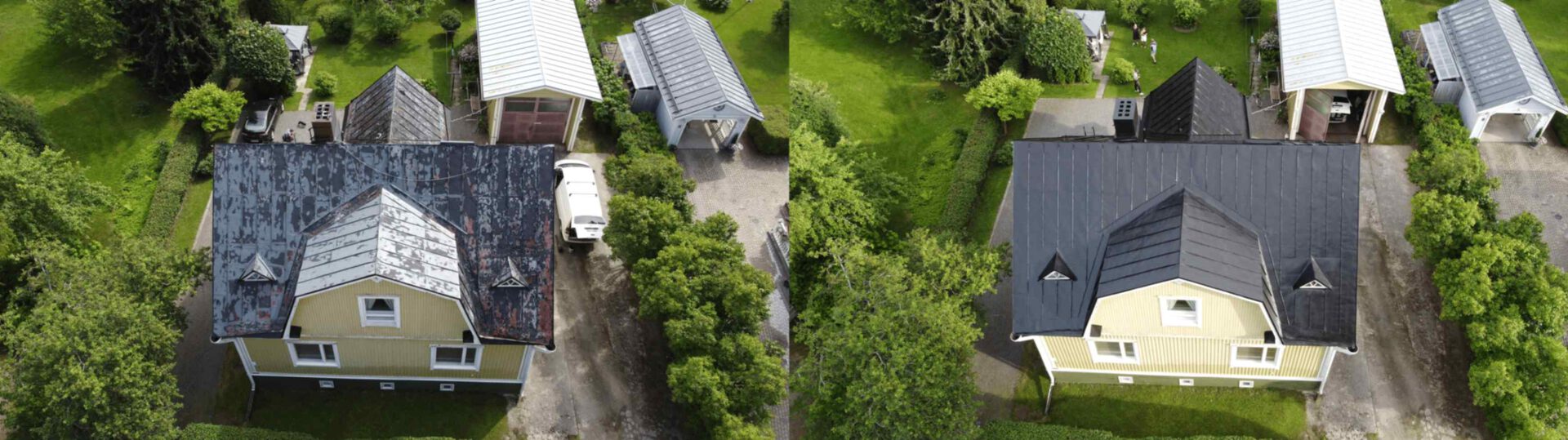 Ennen ja jälkeen kuva maalatusta peltikatosta Hämeenlinnassa