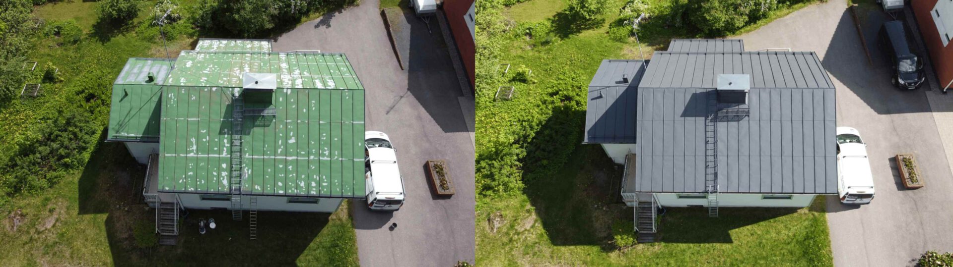 Ennen ja jälkeen kuva pestystä ja Peltikatosta Rajamäellä