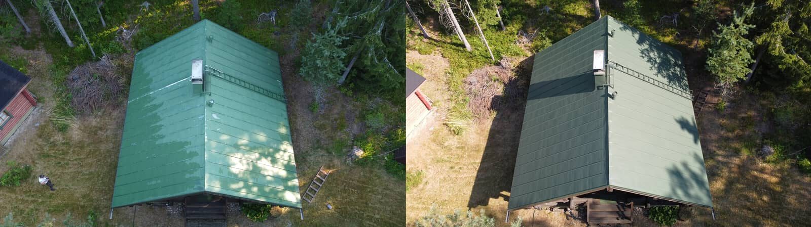 Peltikatto ennen ja jälkeen maalauksen Riihimäellä