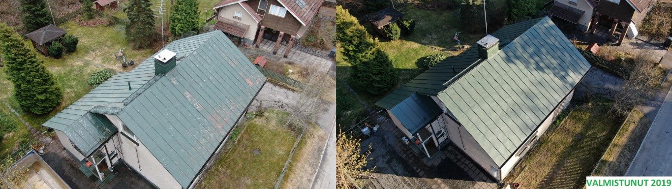 peltikatto ennen ja jälkeen maalauksen Hyvinkäällä.