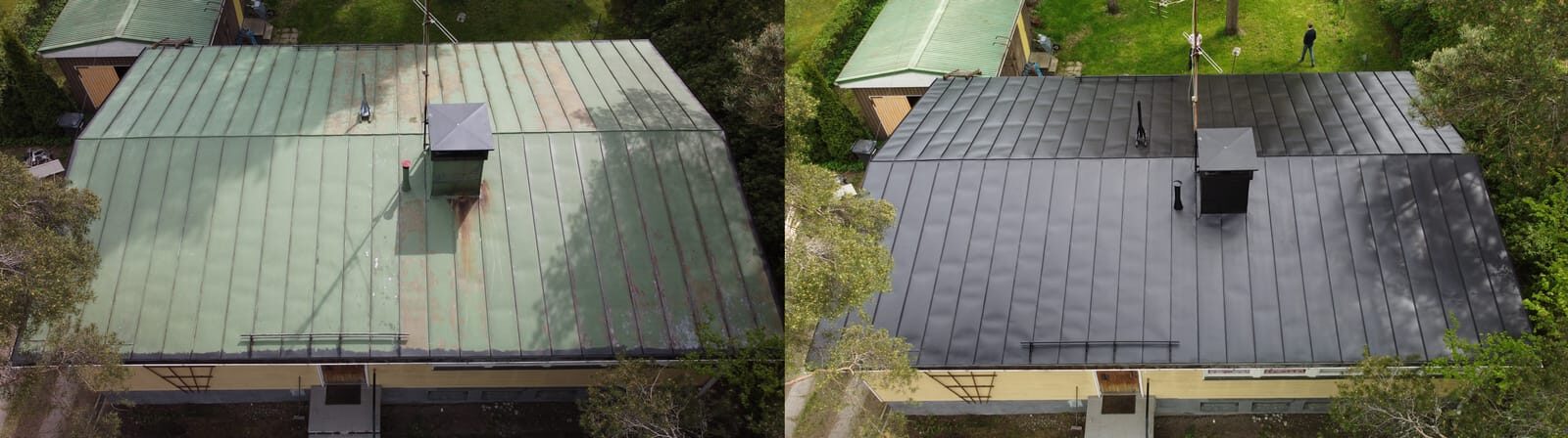 Peltikato ennen ja jälkeen maalauksen Hyvinkäällä