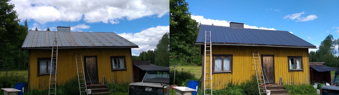 peltikatto ennen ja jälkeen maalauksen Janakkalassa