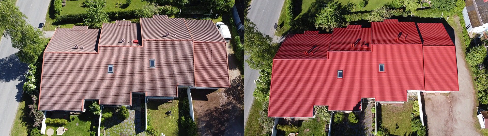 Ennen ja jälkeen kuva pestystä ja pinnoitetusta tiilikatosta Riihimäellä