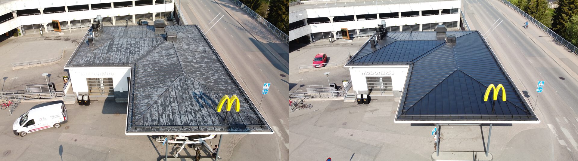 Hyvinkään mäkkärin katon maalaus ennen ja jälkeen
