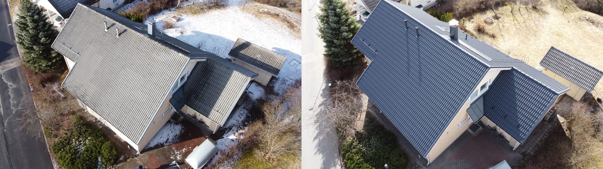 tiilikatto ennen ja jälkeen pinnoituksen Hyvinkäällä