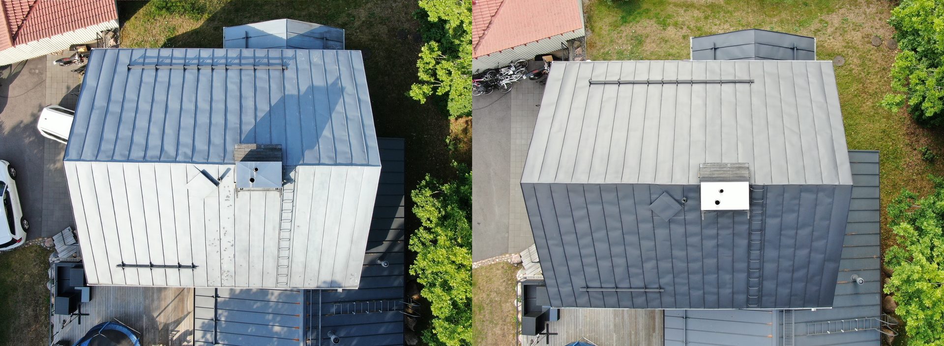 peltikatto ennen ja jälkeen maalauksen Vantaalla