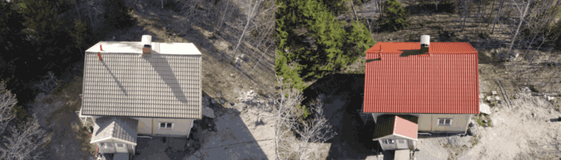 Ennen ja jälkeen kuva maalatusta peltikatosta Tuusulassa