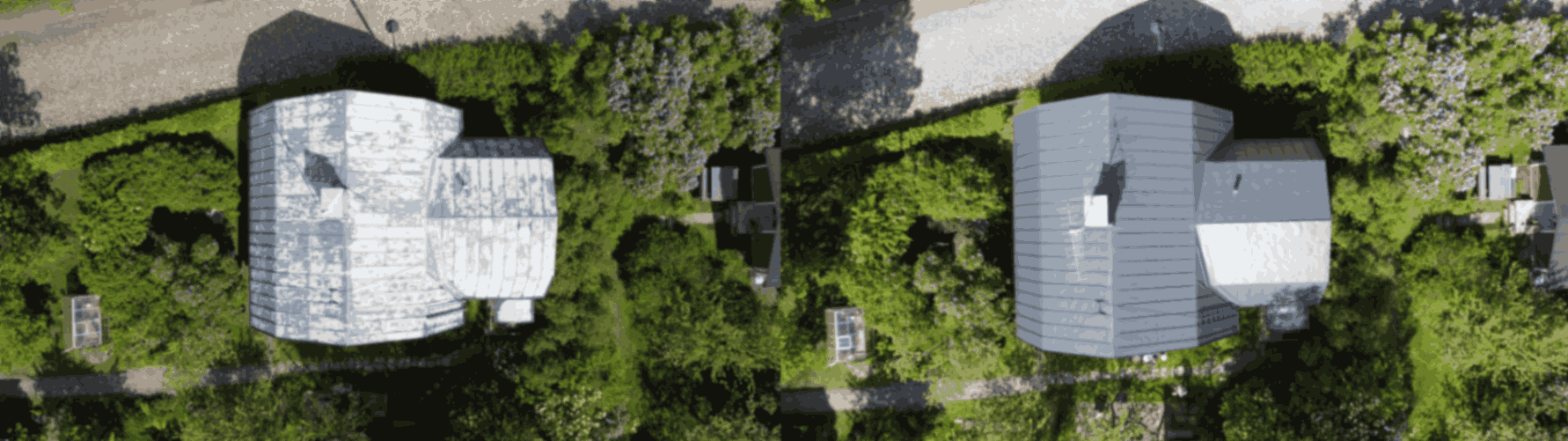 Ennen ja jälkeen kuva pestystä ja maalatusta peltikatosta Riihimäellä