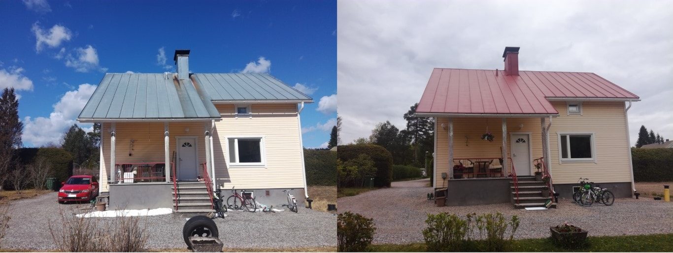 Maalattu peltikatto Lahdessa ennen ja jälkeen maalauksen