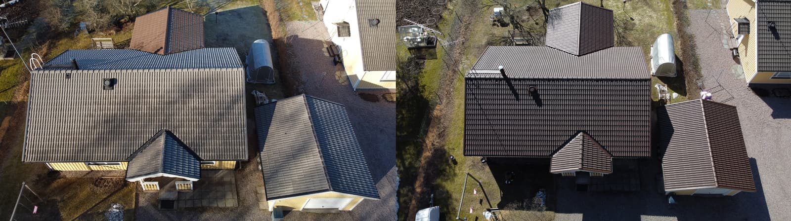Tiilikatto ennen ja jälkneen pinnoituksen 