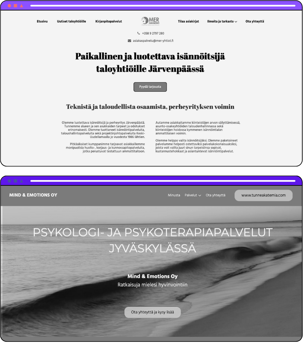 Kaksi verkkosivunäkymää. Ylempi sivu on MER-Isännöinti -yrityksen, joka tarjoaa isännöintipalveluita Järvenpäässä. Alempi sivu on Mind & Emotions Oy:n, joka tarjoaa psykologi- ja psykoterapiapalveluita Jyväskylässä.