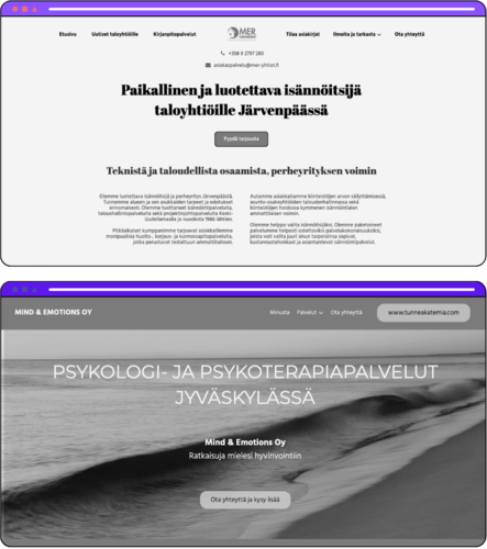 Kaksi verkkosivunäkymää. Ylempi sivu on MER-Isännöinti -yrityksen, joka tarjoaa isännöintipalveluita Järvenpäässä. Alempi sivu on Mind & Emotions Oy:n, joka tarjoaa psykologi- ja psykoterapiapalveluita Jyväskylässä.