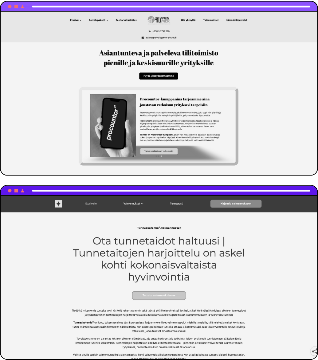 Kaksi verkkosivunäkymää. Ylempi sivu kuuluu Tilitoimisto Tilmerille ja mainostaa asiantuntevaa kirjanpitopalvelua pienille ja keskisuurille yrityksille. Alempi sivu on Tunneakatemian valmennussivu, jossa korostetaan tunnetaitojen harjoittelun merkitystä kokonaisvaltaiseen hyvinvointiin.