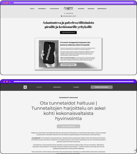 Kaksi verkkosivunäkymää. Ylempi sivu kuuluu Tilitoimisto Tilmerille ja mainostaa asiantuntevaa kirjanpitopalvelua pienille ja keskisuurille yrityksille. Alempi sivu on Tunneakatemian valmennussivu, jossa korostetaan tunnetaitojen harjoittelun merkitystä kokonaisvaltaiseen hyvinvointiin.