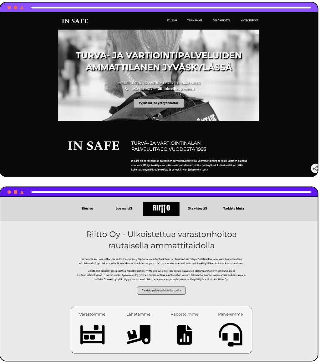 Esimerkkejä kahdesta yritysten kotisivusta. Ylempi sivusto on In Safe, joka tarjoaa turva- ja vartiointipalveluita Jyväskylässä. Alempi sivusto on Riitto Oy, joka tarjoaa ulkoistettua varastonhoitoa. Molemmat sivut esitetään tietokonenäytön kaltaisissa kehyksissä.
