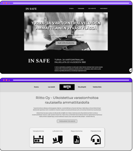 Esimerkkejä kahdesta yritysten kotisivusta. Ylempi sivusto on In Safe, joka tarjoaa turva- ja vartiointipalveluita Jyväskylässä. Alempi sivusto on Riitto Oy, joka tarjoaa ulkoistettua varastonhoitoa. Molemmat sivut esitetään tietokonenäytön kaltaisissa kehyksissä.