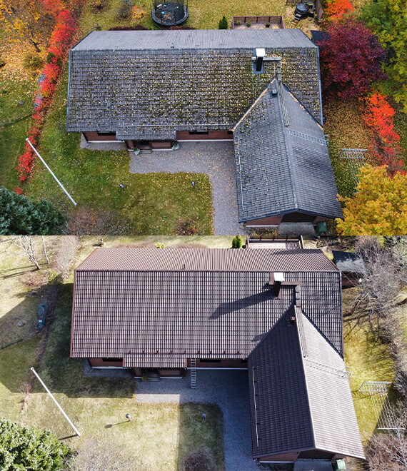 Tiilikatto ennen- ja jälkeen pinnoituksen