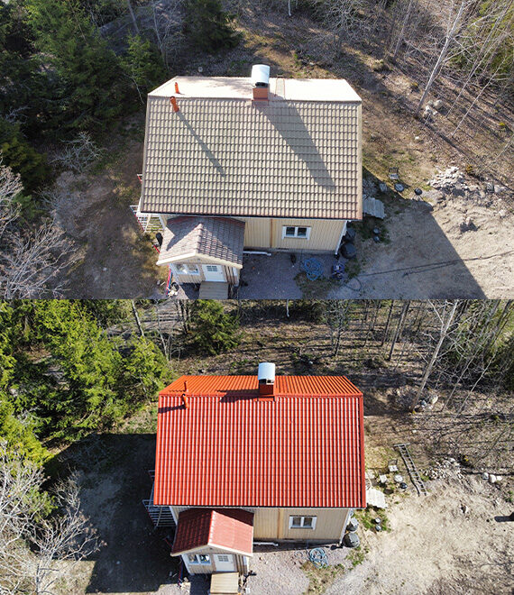 Peltikatto ennen- ja jälkeen